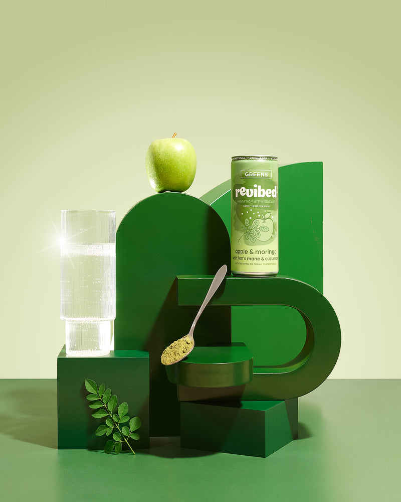 Revibed superfood sparkling water Apple & Moringa 250ml, imported from the UK