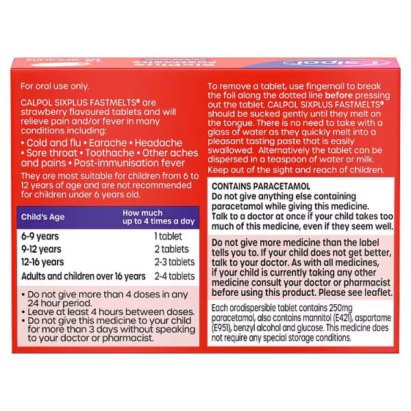 Calpol 6+ Years Fastmelts Strawberry flavour 12 - British product