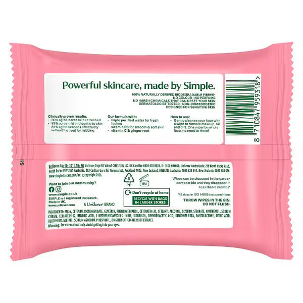 Simple Protect N Glow biodegradable face wipes instant glow pack of 20 (British brand)