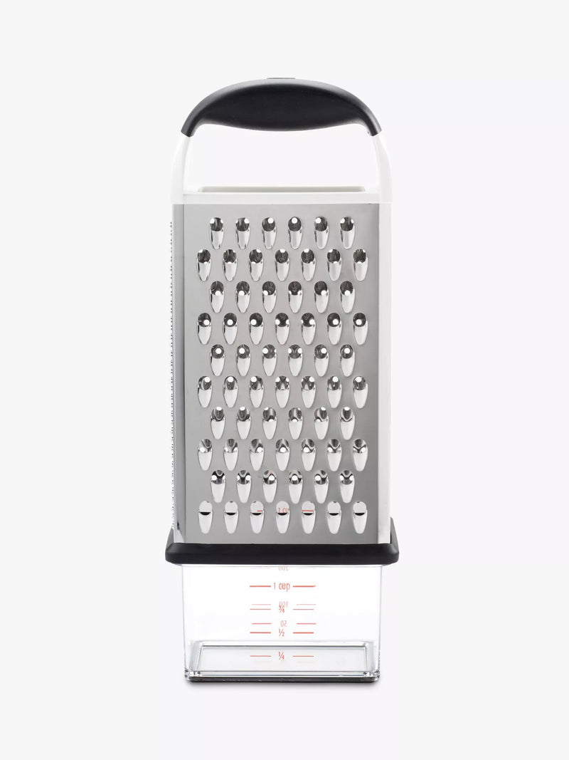 OXO box grater with four stainless steel surfaces and container, imported from the UK