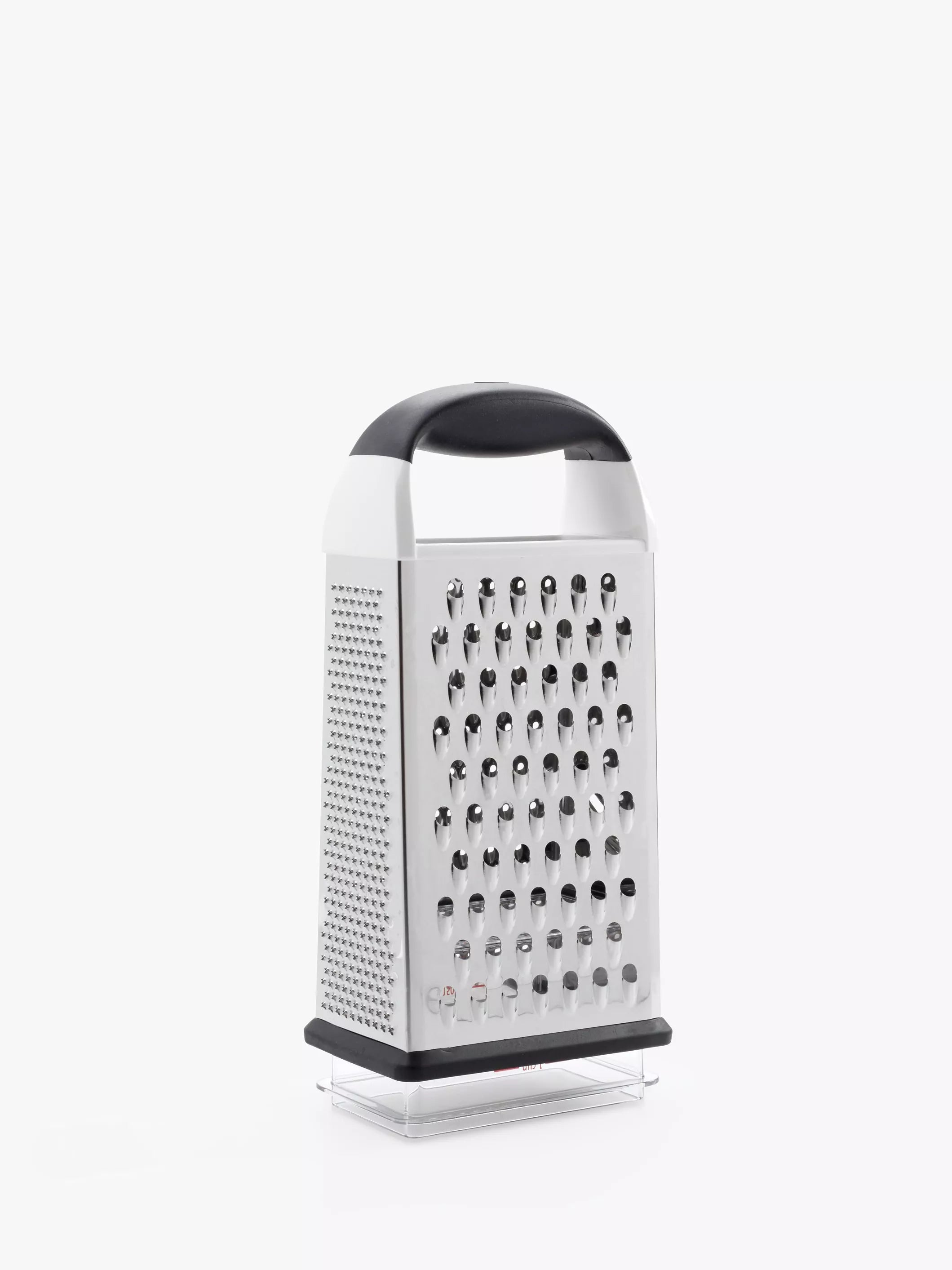 OXO box grater with four stainless steel surfaces and container, imported from the UK