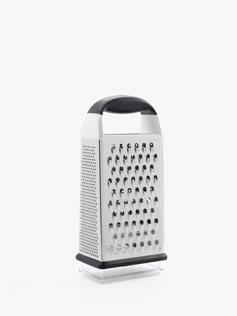 OXO box grater with four stainless steel surfaces and container, imported from the UK