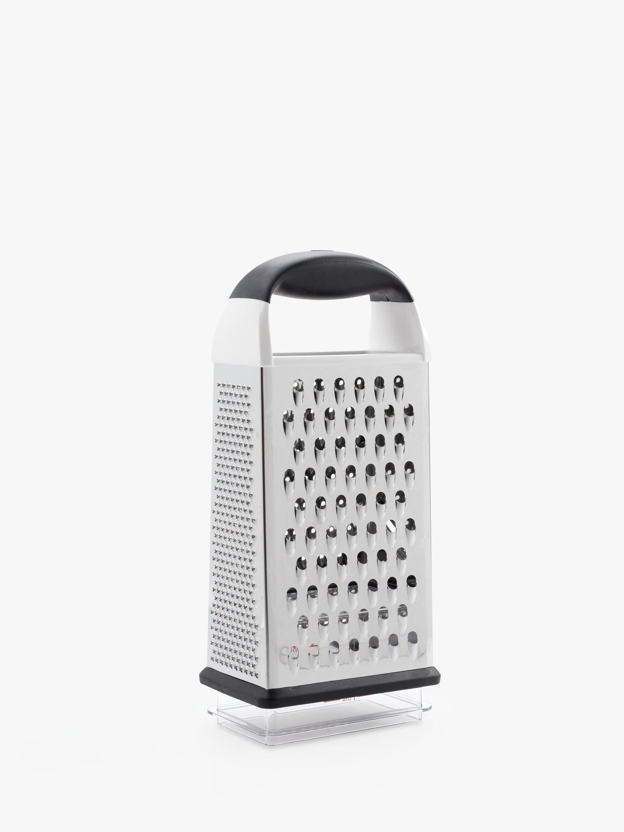 OXO box grater with four stainless steel surfaces and container, imported from the UK