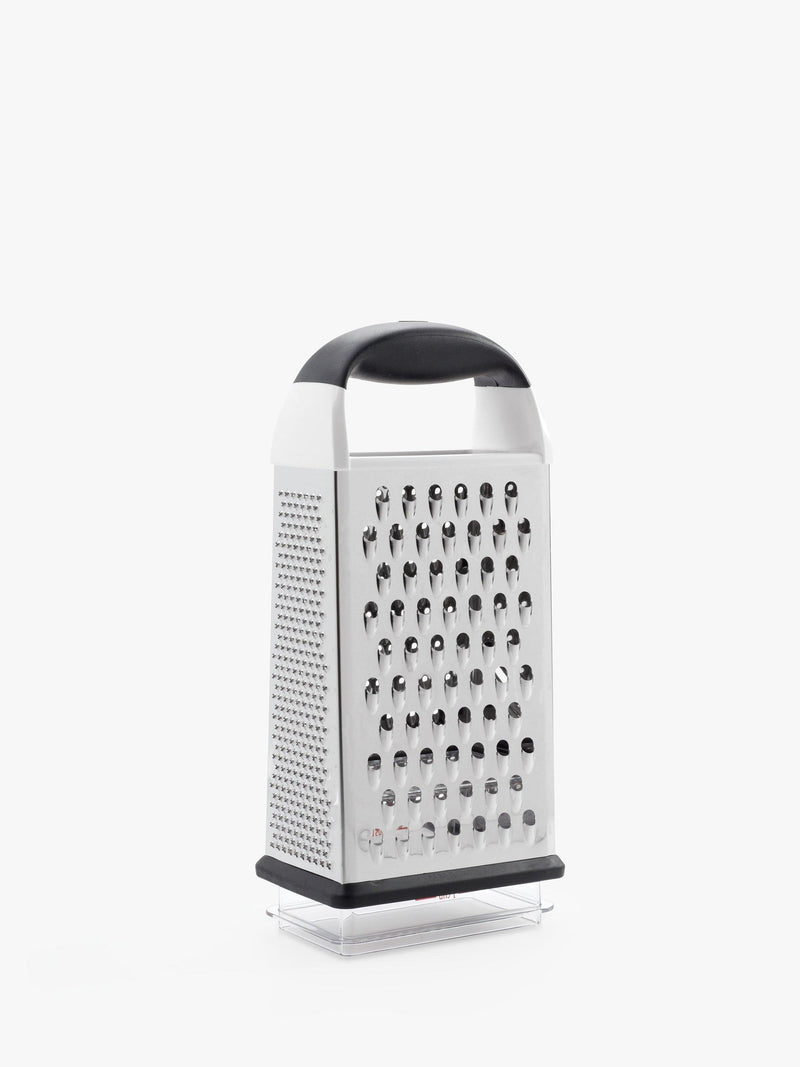 OXO box grater with four stainless steel surfaces and container, imported from the UK