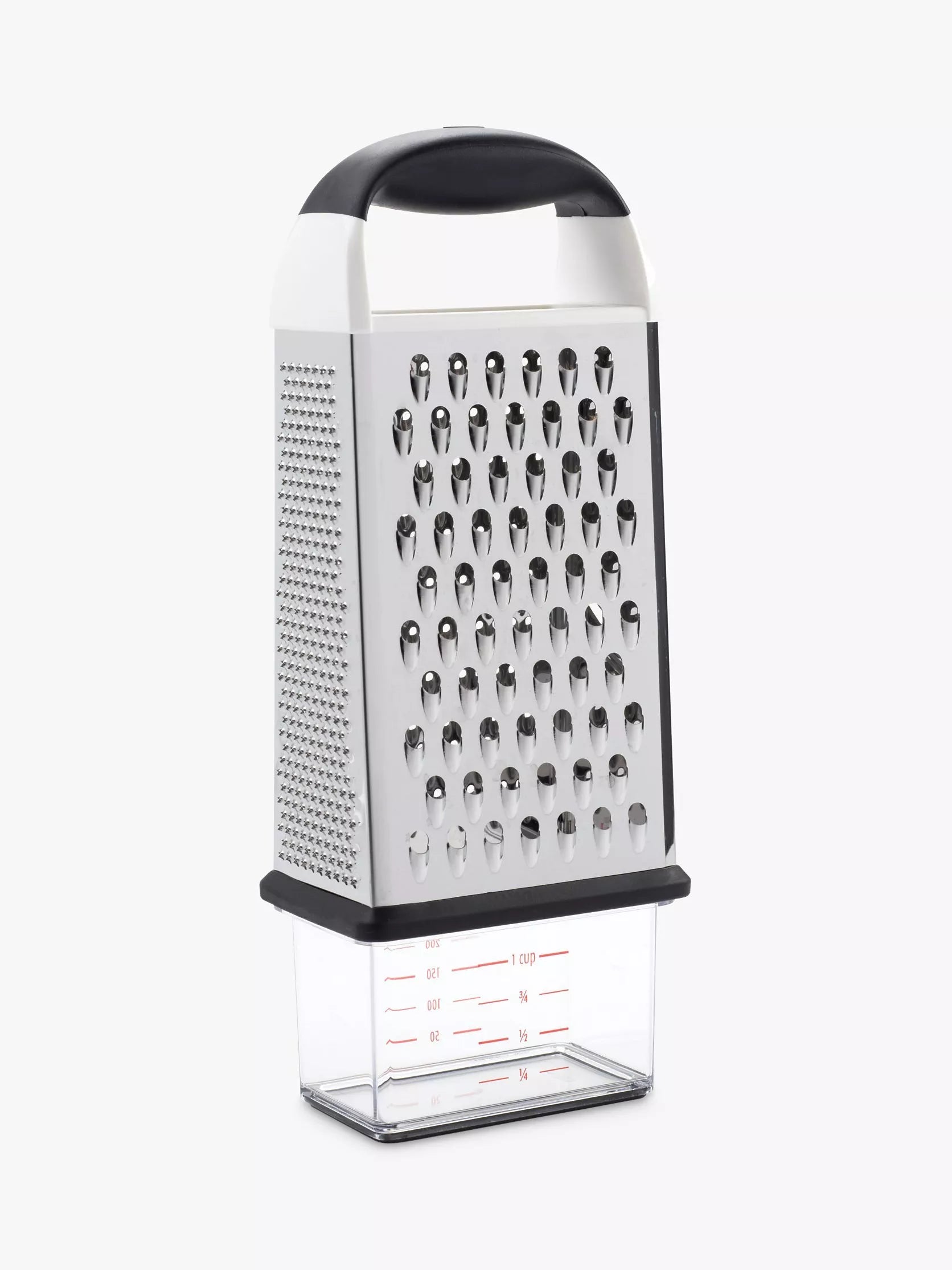 OXO box grater with four stainless steel surfaces and container, imported from the UK