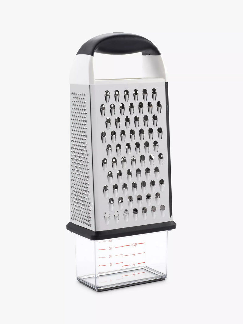 OXO box grater with four stainless steel surfaces and container, imported from the UK