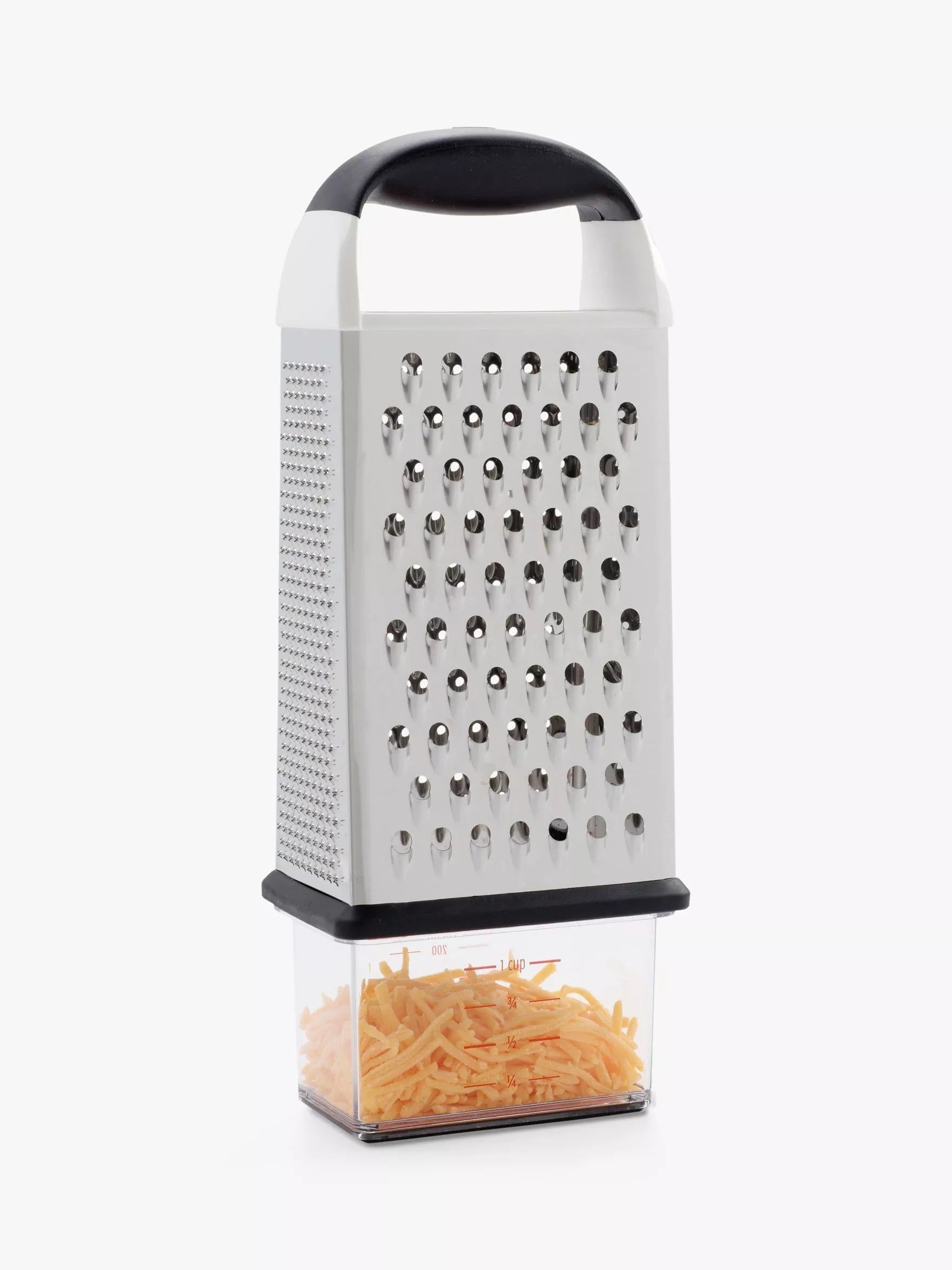OXO box grater with four stainless steel surfaces and container, imported from the UK
