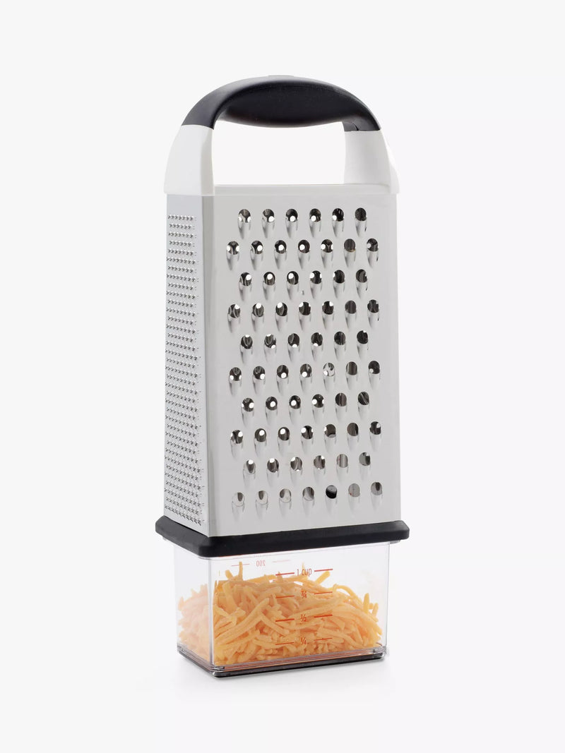 OXO box grater with four stainless steel surfaces and container, imported from the UK