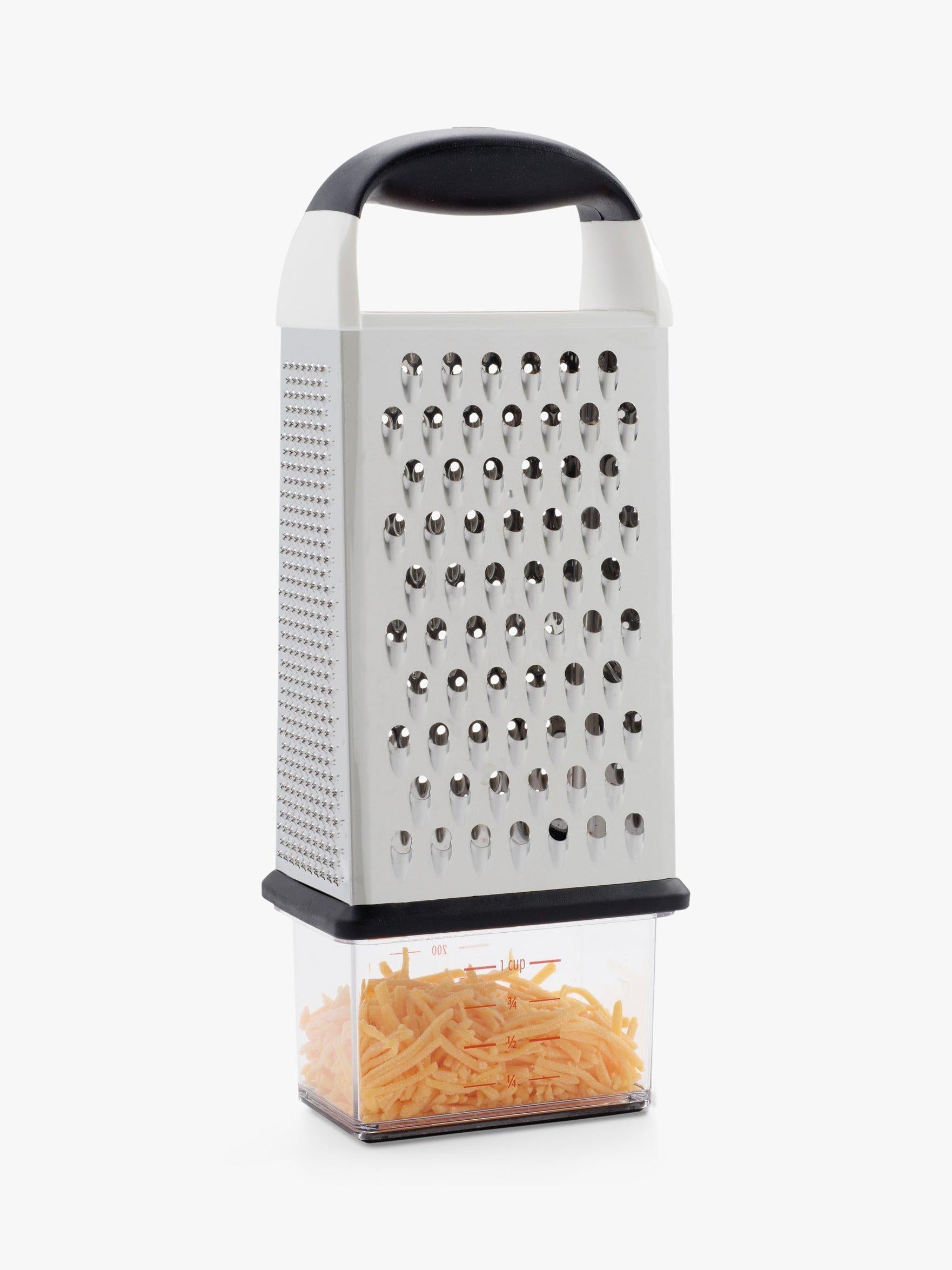 OXO box grater with four stainless steel surfaces and container, imported from the UK