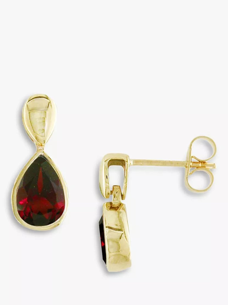 E.W Adams garnet pear drop earrings 9ct yellow gold, UK version