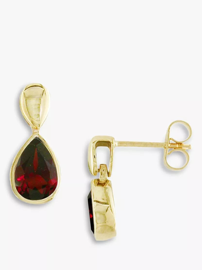 E.W Adams garnet pear drop earrings 9ct yellow gold, UK version