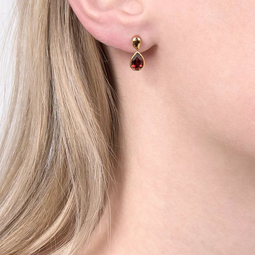 E.W Adams garnet pear drop earrings 9ct yellow gold, UK version
