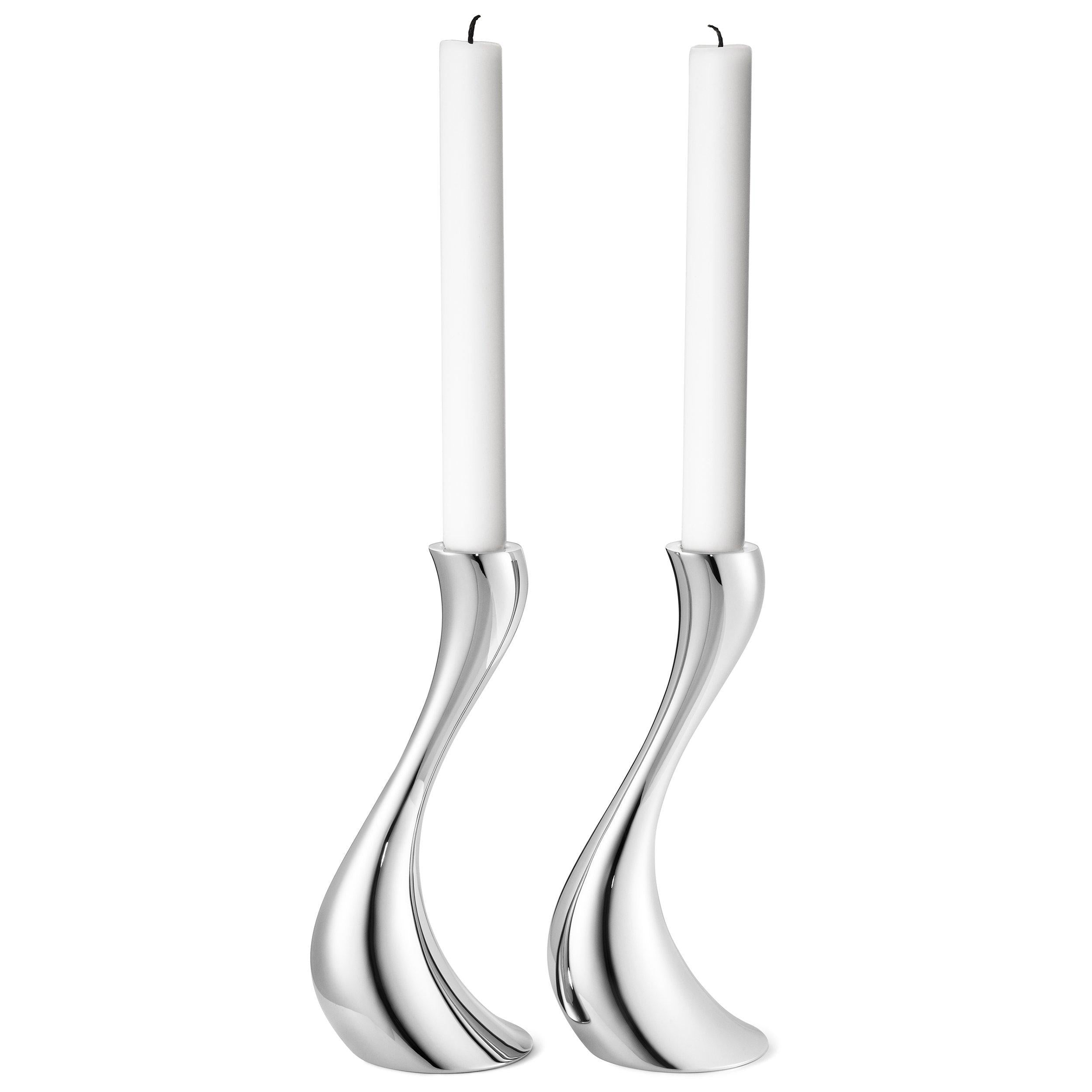 Georg Jensen stainless steel Cobra candlestick pair, UK version
