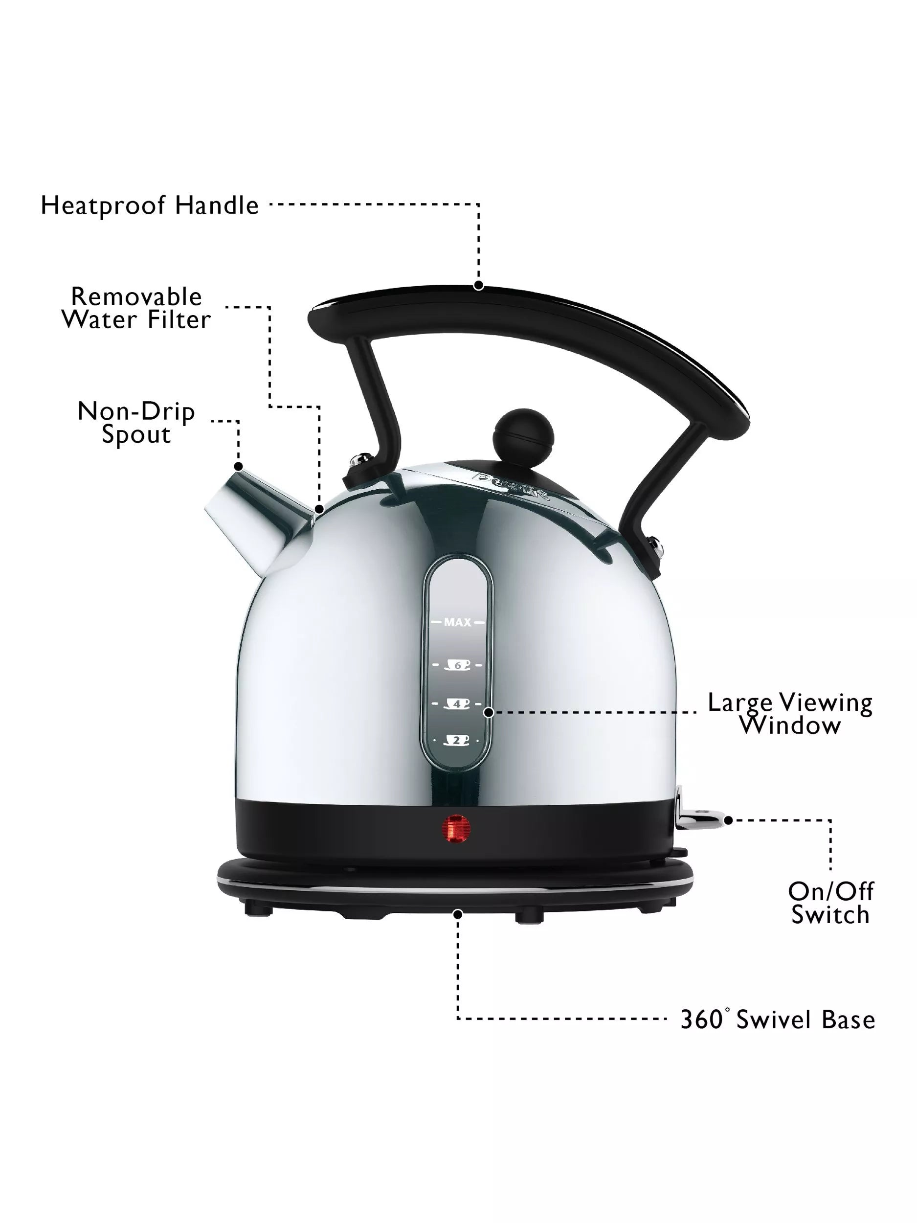 Dualit dome kettle Black/Steel 2L, imported from the UK