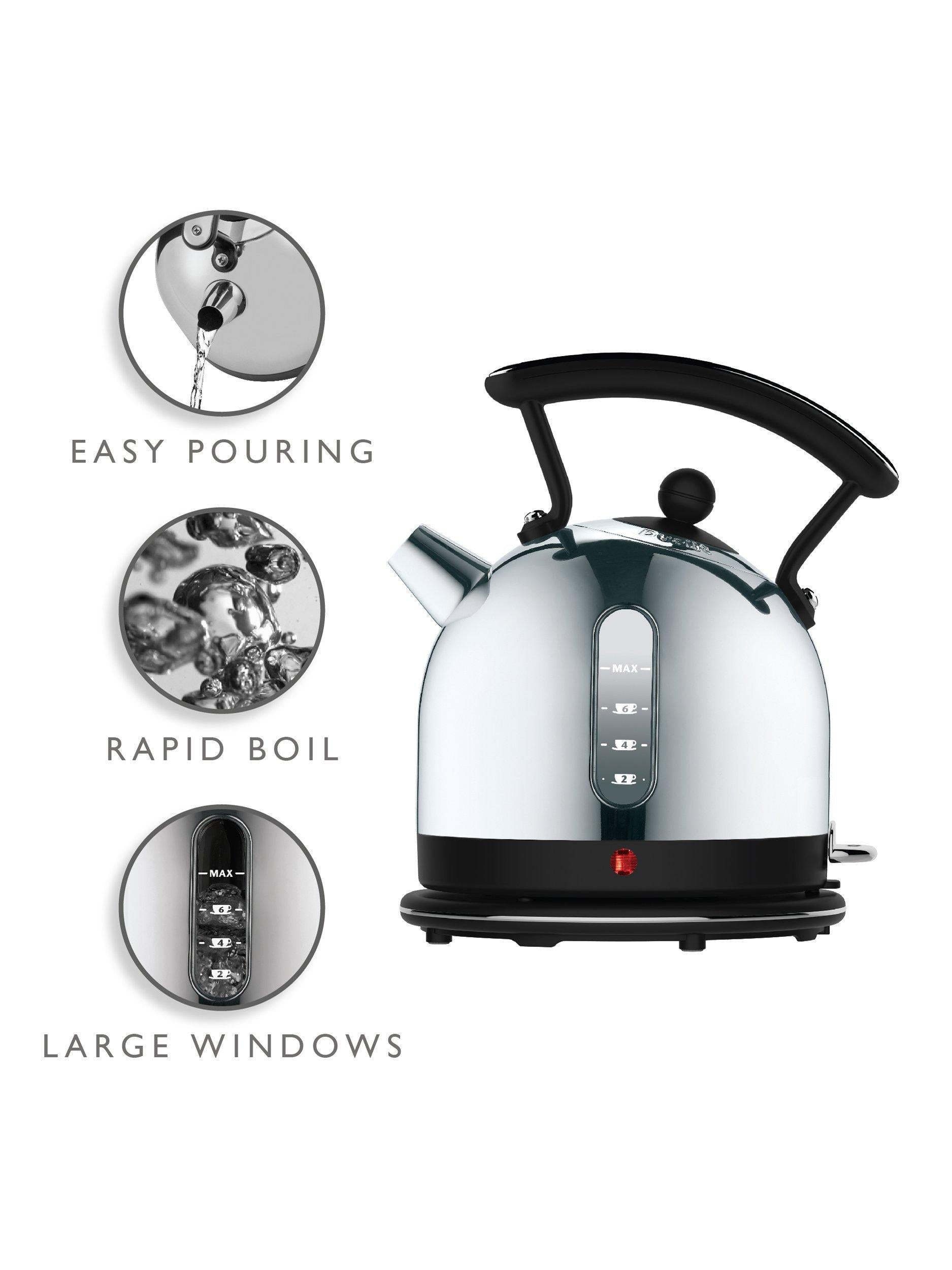 Dualit dome kettle Black/Steel 2L, imported from the UK
