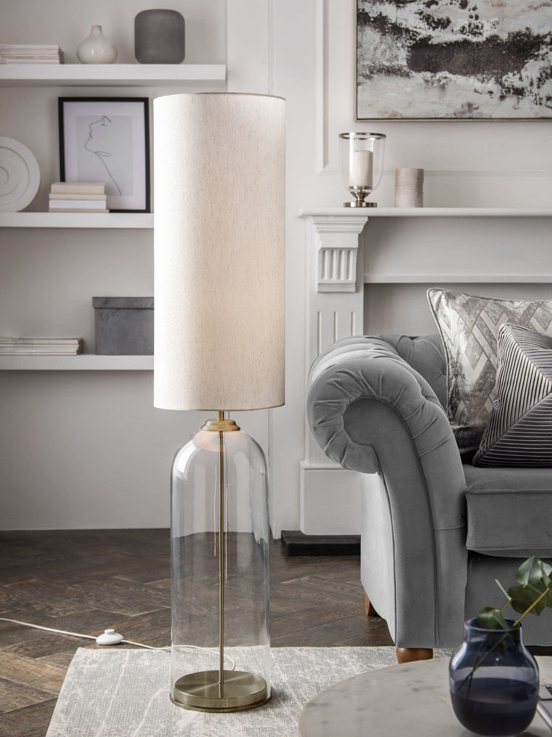 Gloucester floor lamp in brushed nickel with glass base and fabric shade, UK version