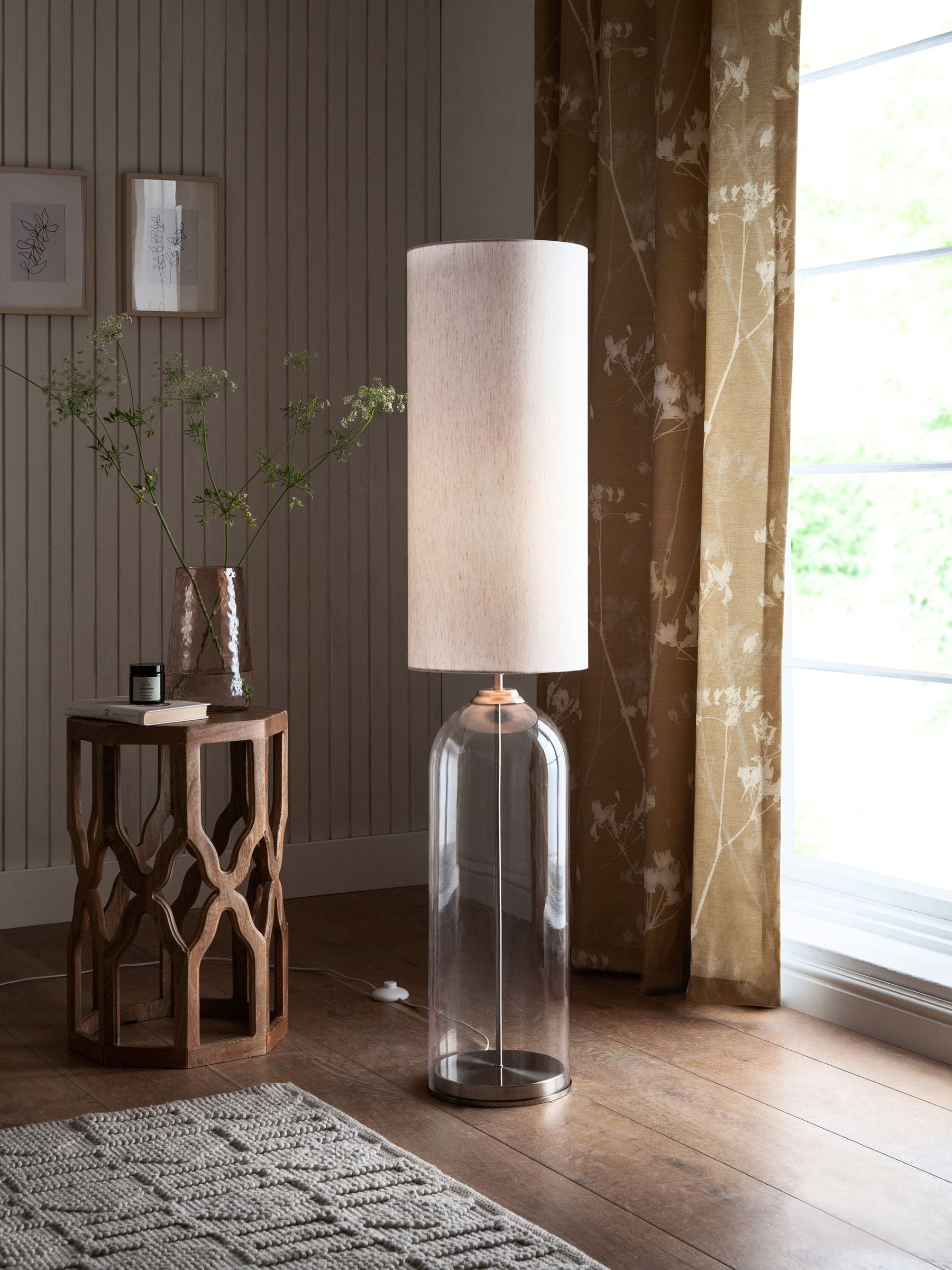 Gloucester floor lamp in brushed nickel with glass base and fabric shade, UK version