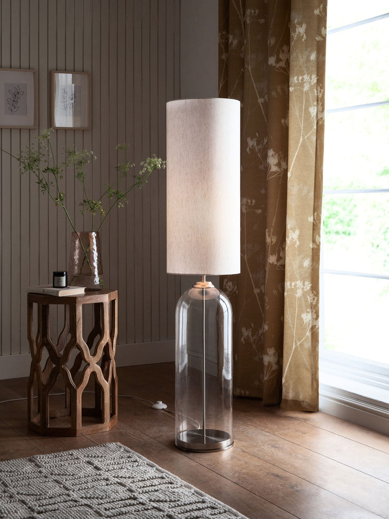 Gloucester floor lamp in brushed nickel with glass base and fabric shade, UK version