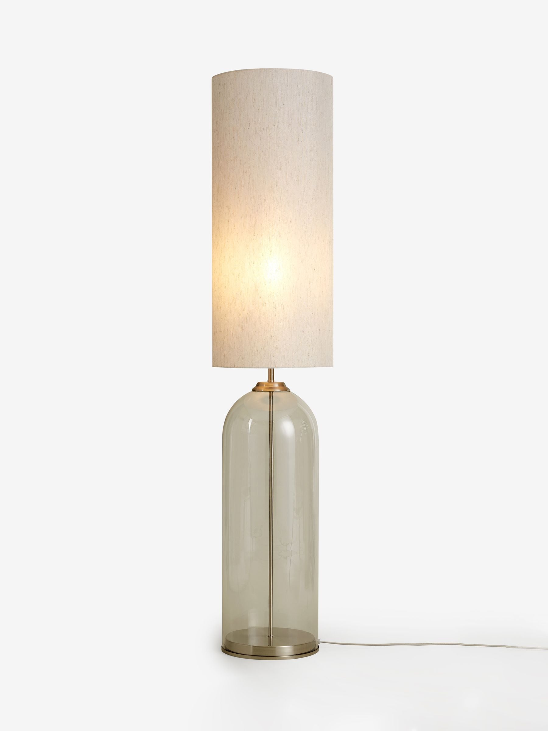 Gloucester floor lamp in brushed nickel with glass base and fabric shade, UK version