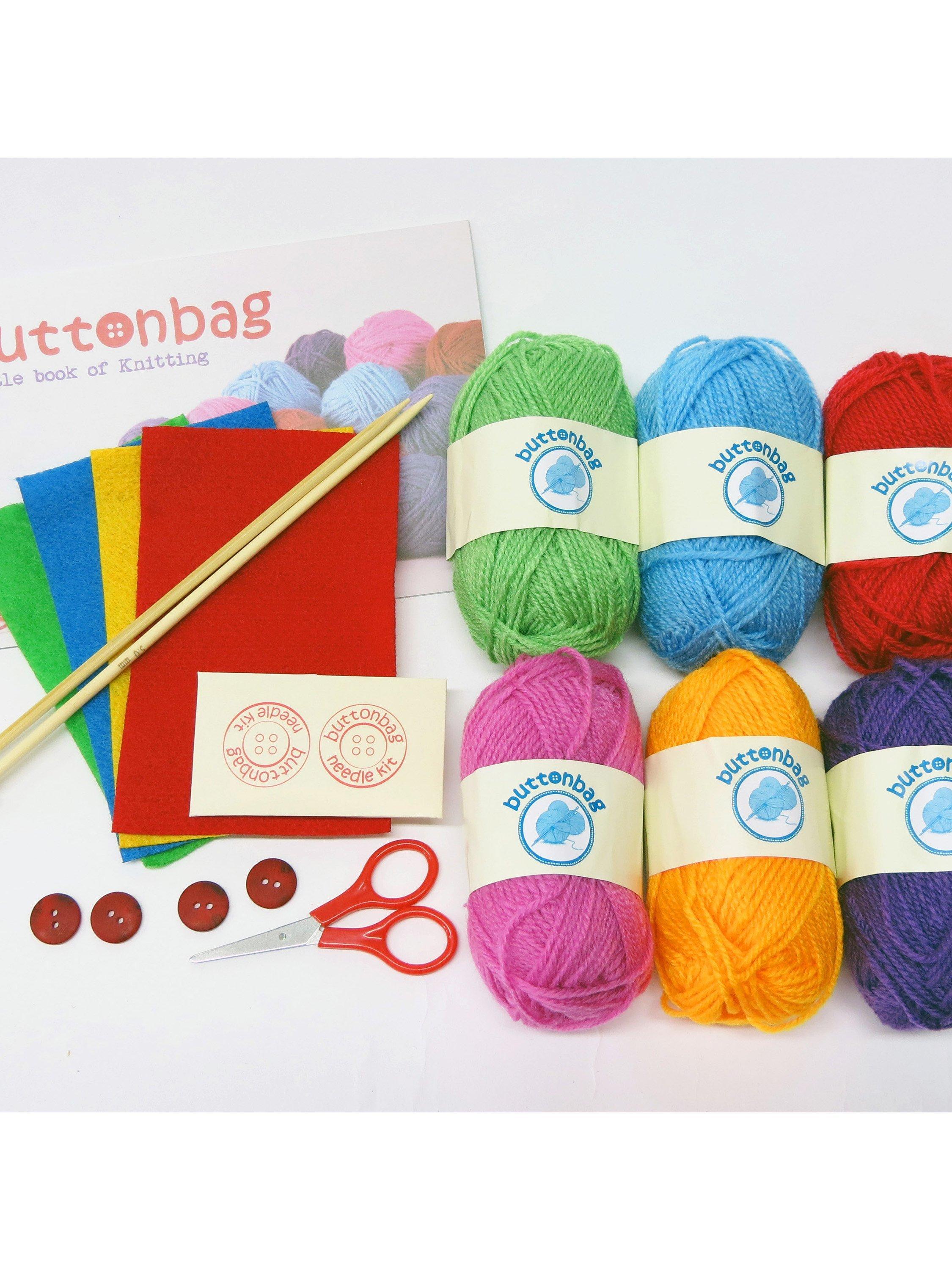 Buttonbag knitting kit for children with wool and needles, UK version