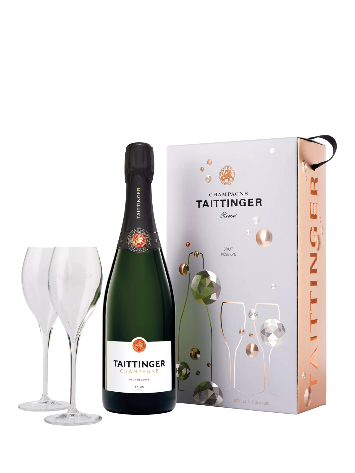 Taittinger Brut NV champagne and glasses gift set, 75cl (British brand)