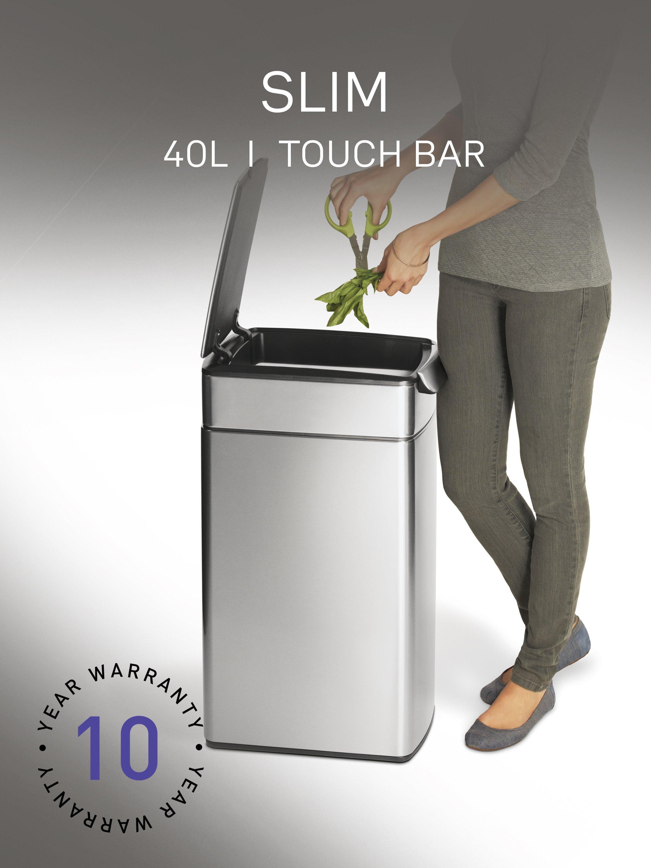 Simplehuman Slim Touch Bar Bin in brushed stainless steel, 40L capacity (British brand)