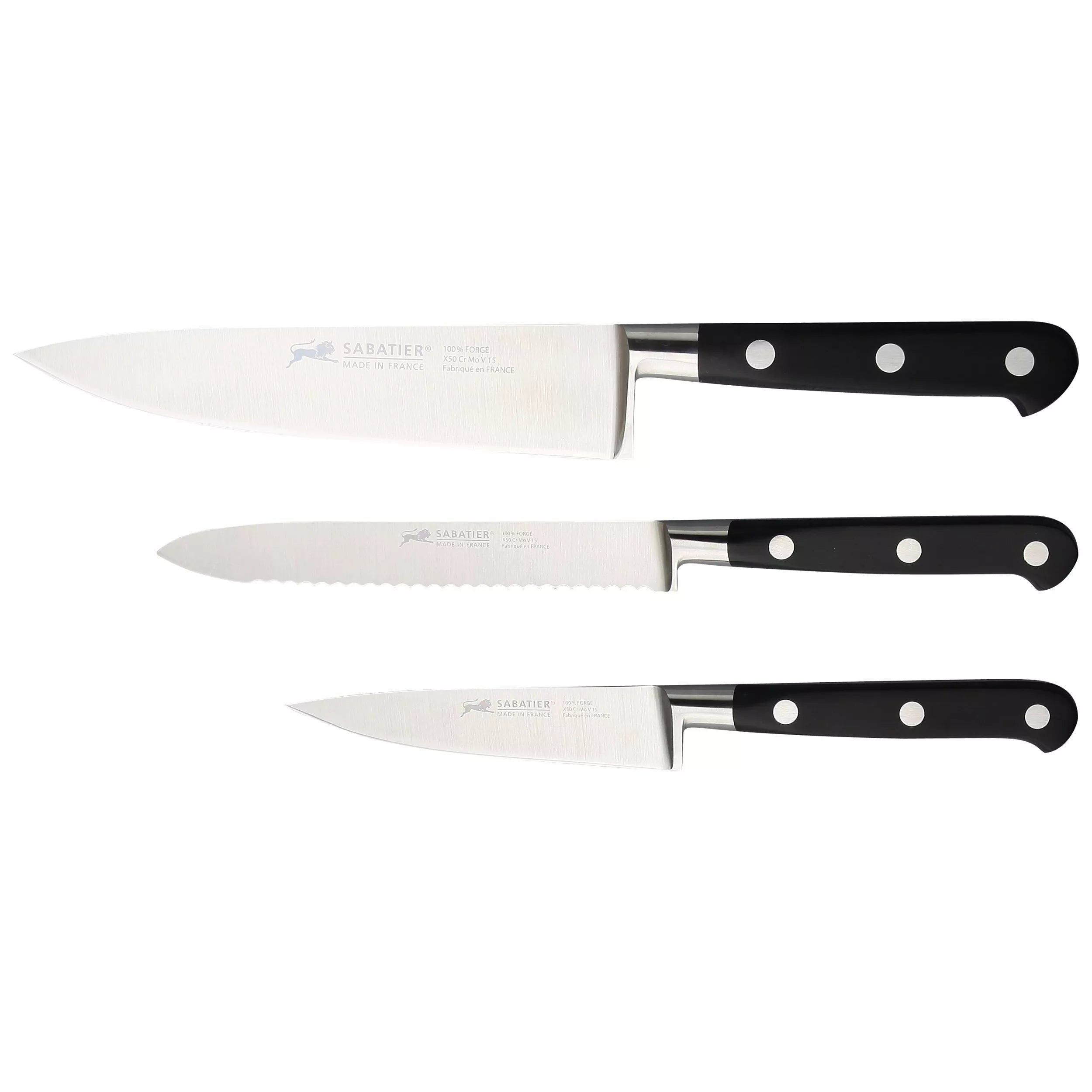 SABATIER 3-piece kitchen knife set, stainless steel blades - British product