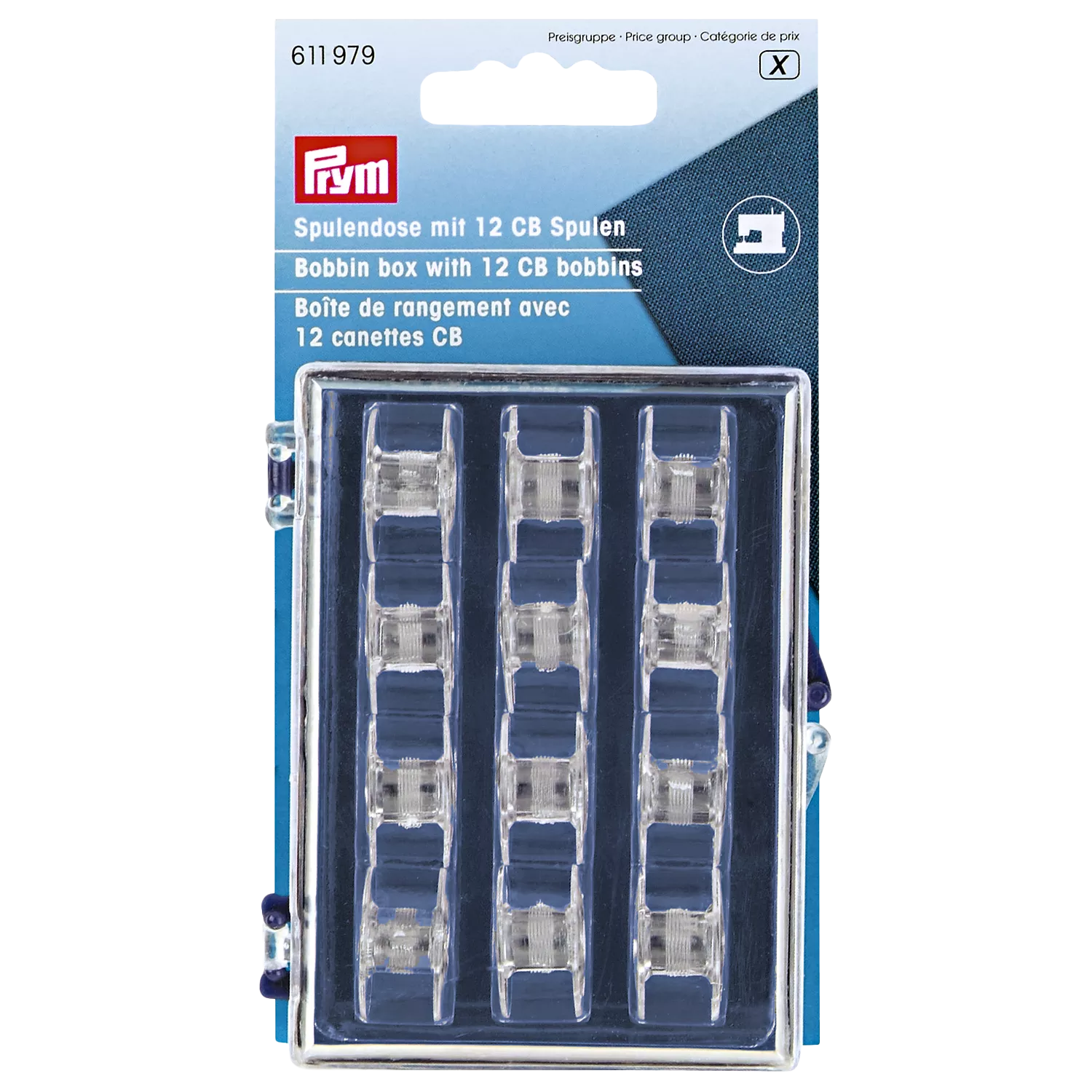 Prym CB bobbins and storage box pack of 12 (British brand)