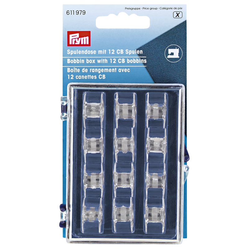 Prym CB bobbins and storage box pack of 12 (British brand)