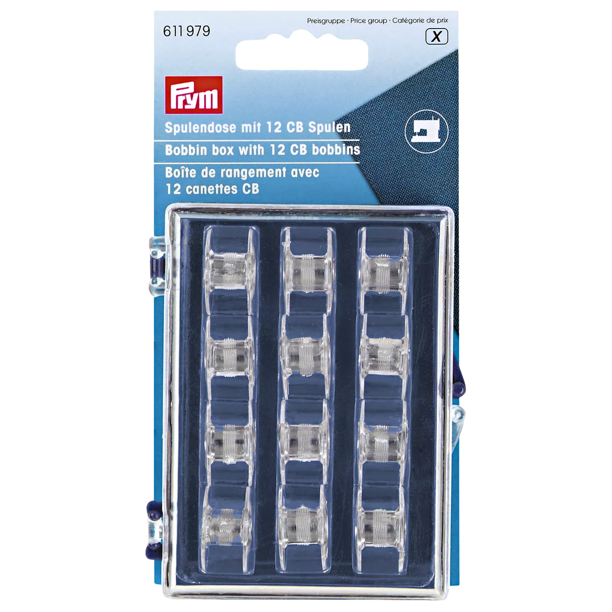 Prym CB bobbins and storage box pack of 12 (British brand)