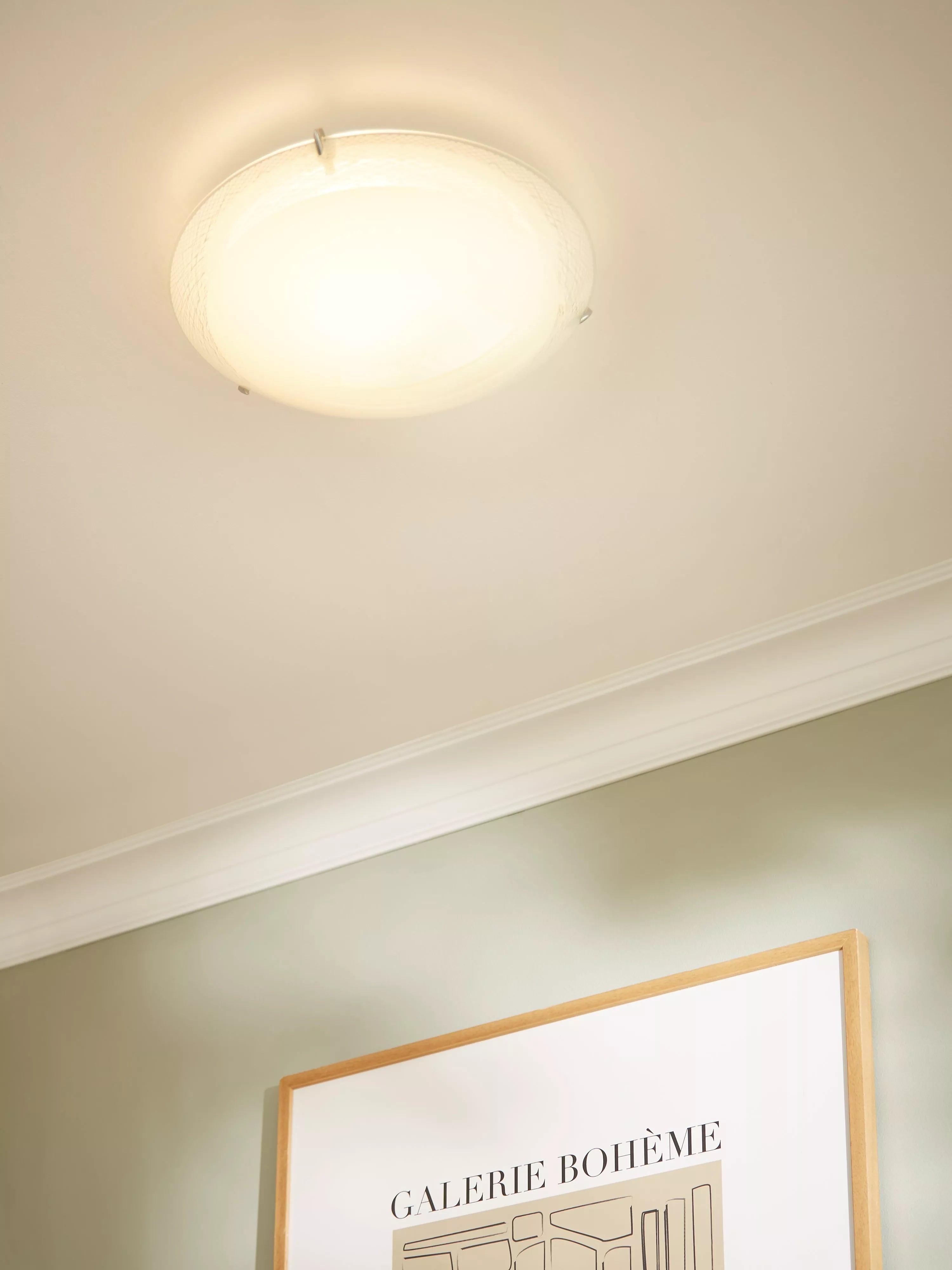 John Lewis Conrad flush ceiling light with frosted glass, imported from the UK