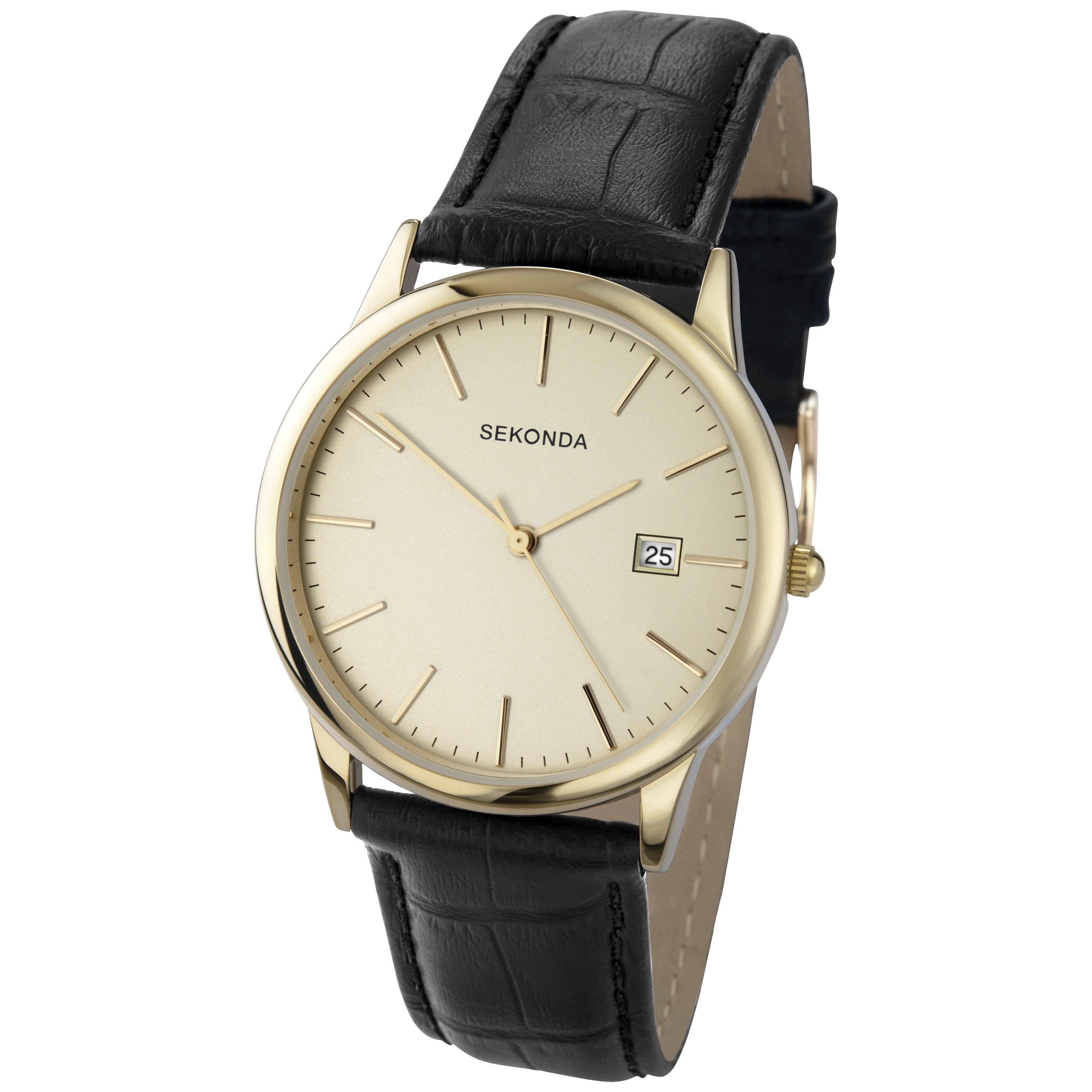 Sekonda men's date leather strap watch, black/cream, imported from the UK