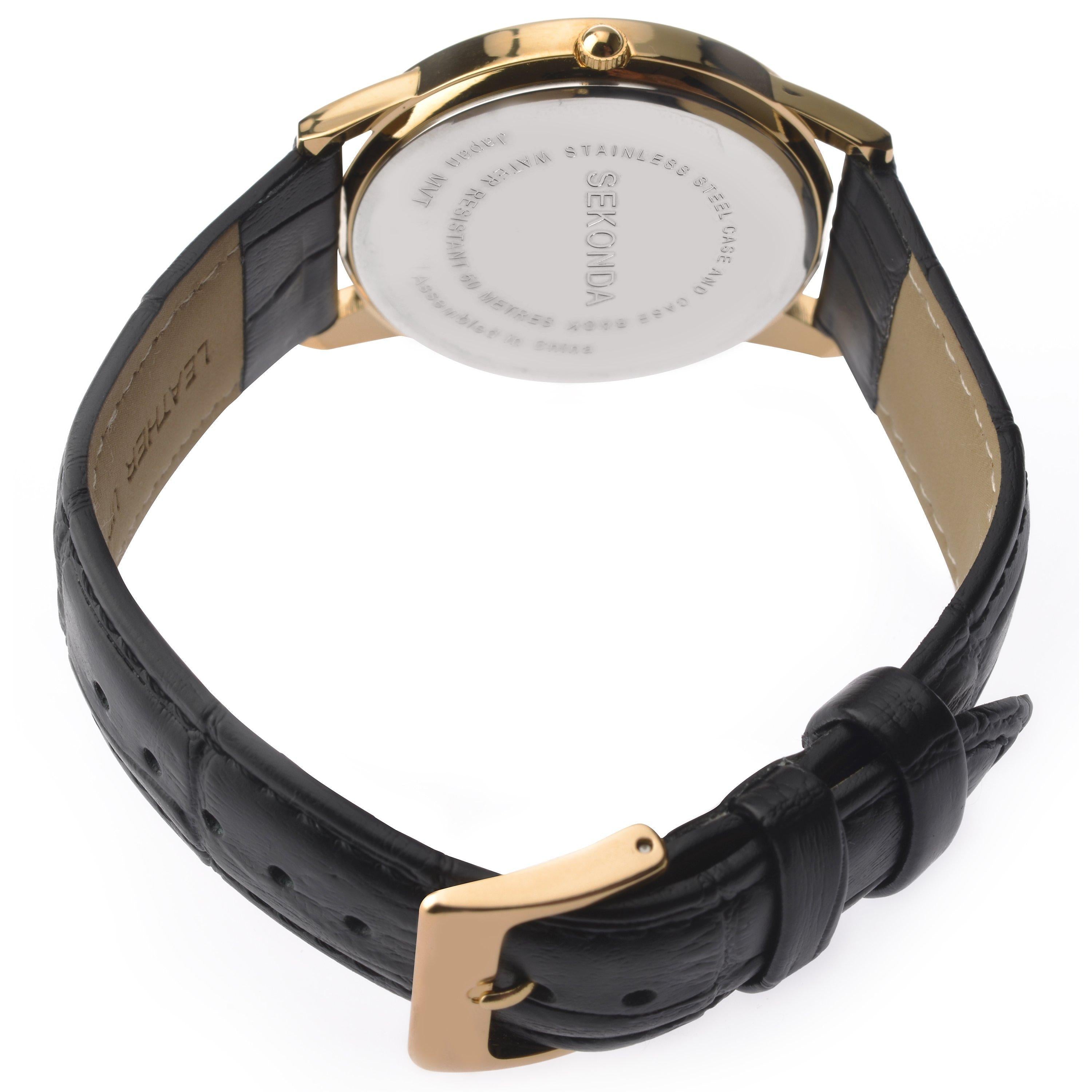 Sekonda men's date leather strap watch, black/cream, imported from the UK