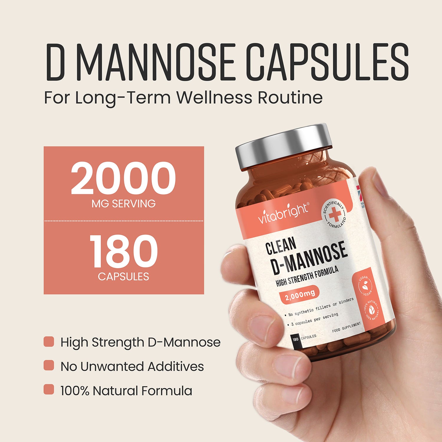 VitaBright pure D-Mannose 2000mg 180 capsules, UK version