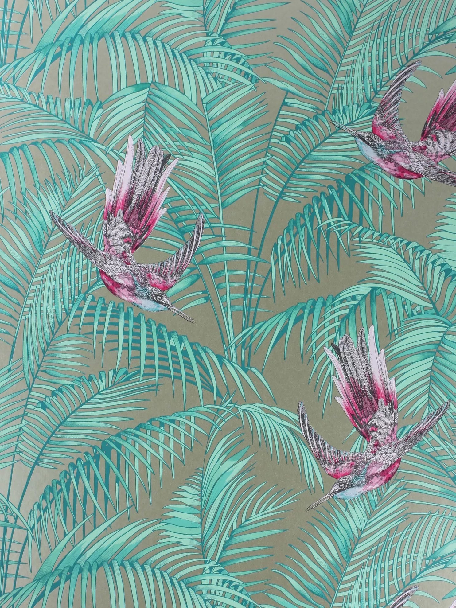 Sunbird Design Wallpaper with Exotic Bird and Foliage Pattern