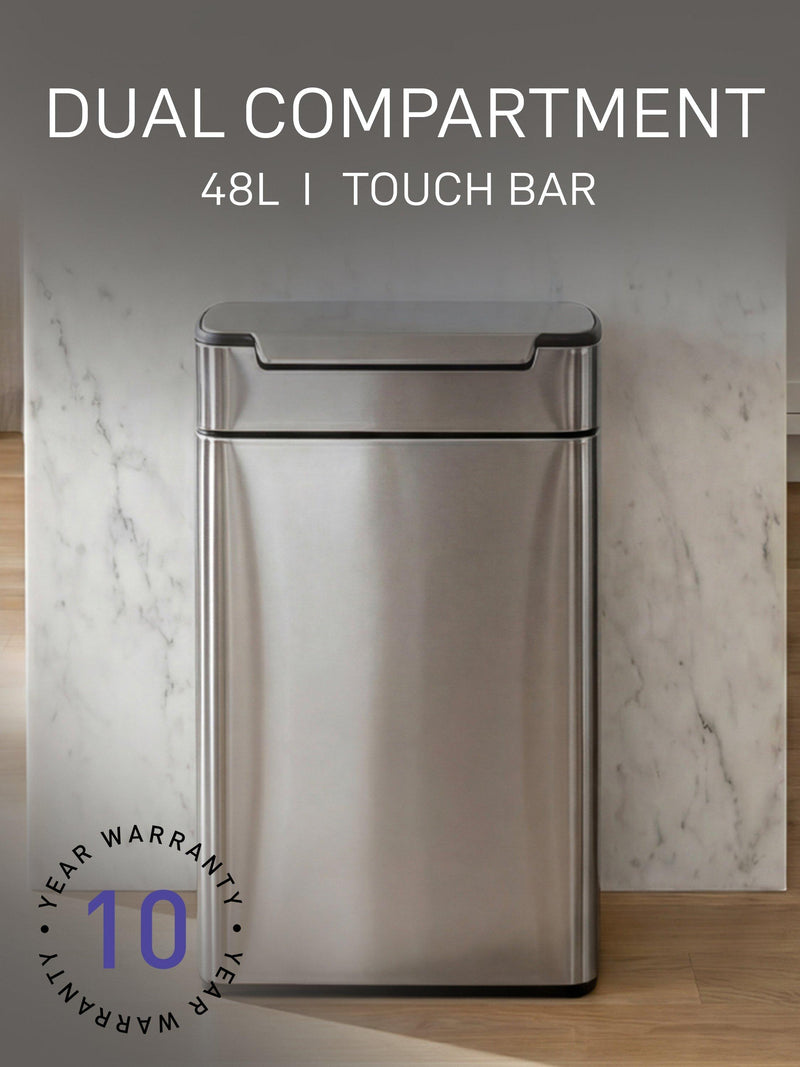 Simplehuman touch-bar recycling kitchen bin in brushed stainless steel, 48L capacity (British brand)