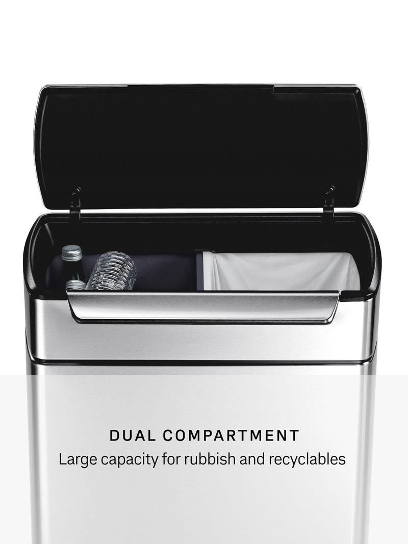 Simplehuman touch-bar recycling kitchen bin in brushed stainless steel, 48L capacity (British brand)