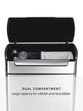 Simplehuman touch-bar recycling kitchen bin in brushed stainless steel, 48L capacity (British brand)
