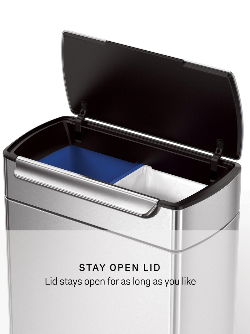 Simplehuman touch-bar recycling kitchen bin in brushed stainless steel, 48L capacity (British brand)