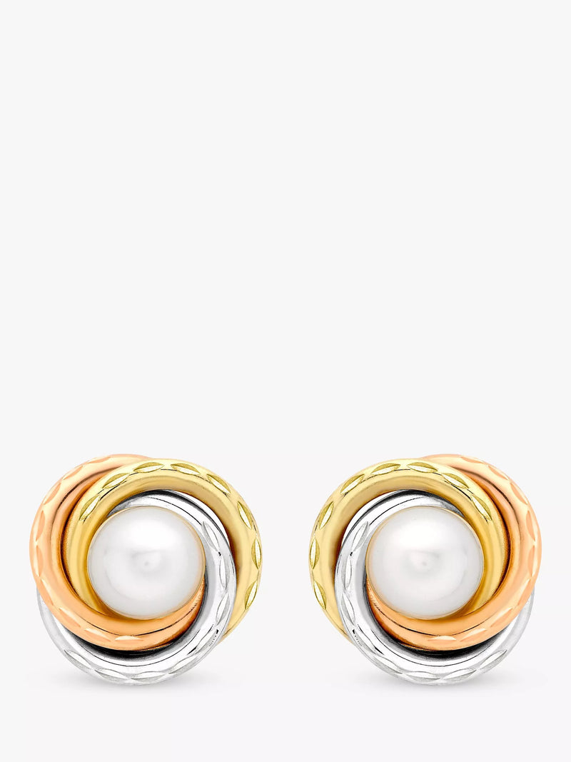 IBB 9ct gold triple tone pearl stud earrings multi, imported from the UK
