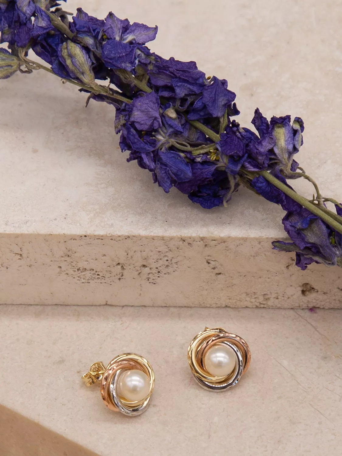 IBB 9ct gold triple tone pearl stud earrings multi, imported from the UK