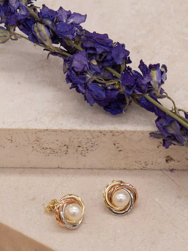 IBB 9ct gold triple tone pearl stud earrings multi, imported from the UK