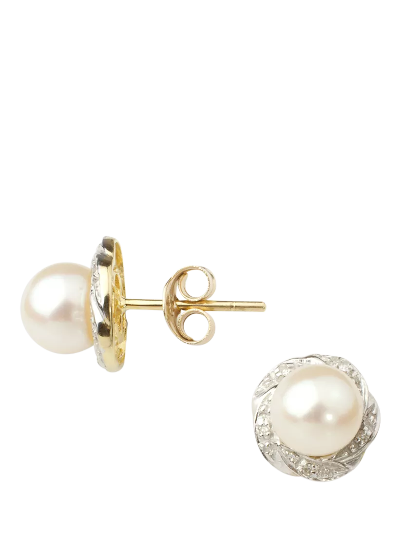 E.W Adams 9ct gold cultured pearl diamond stud earrings (British brand)