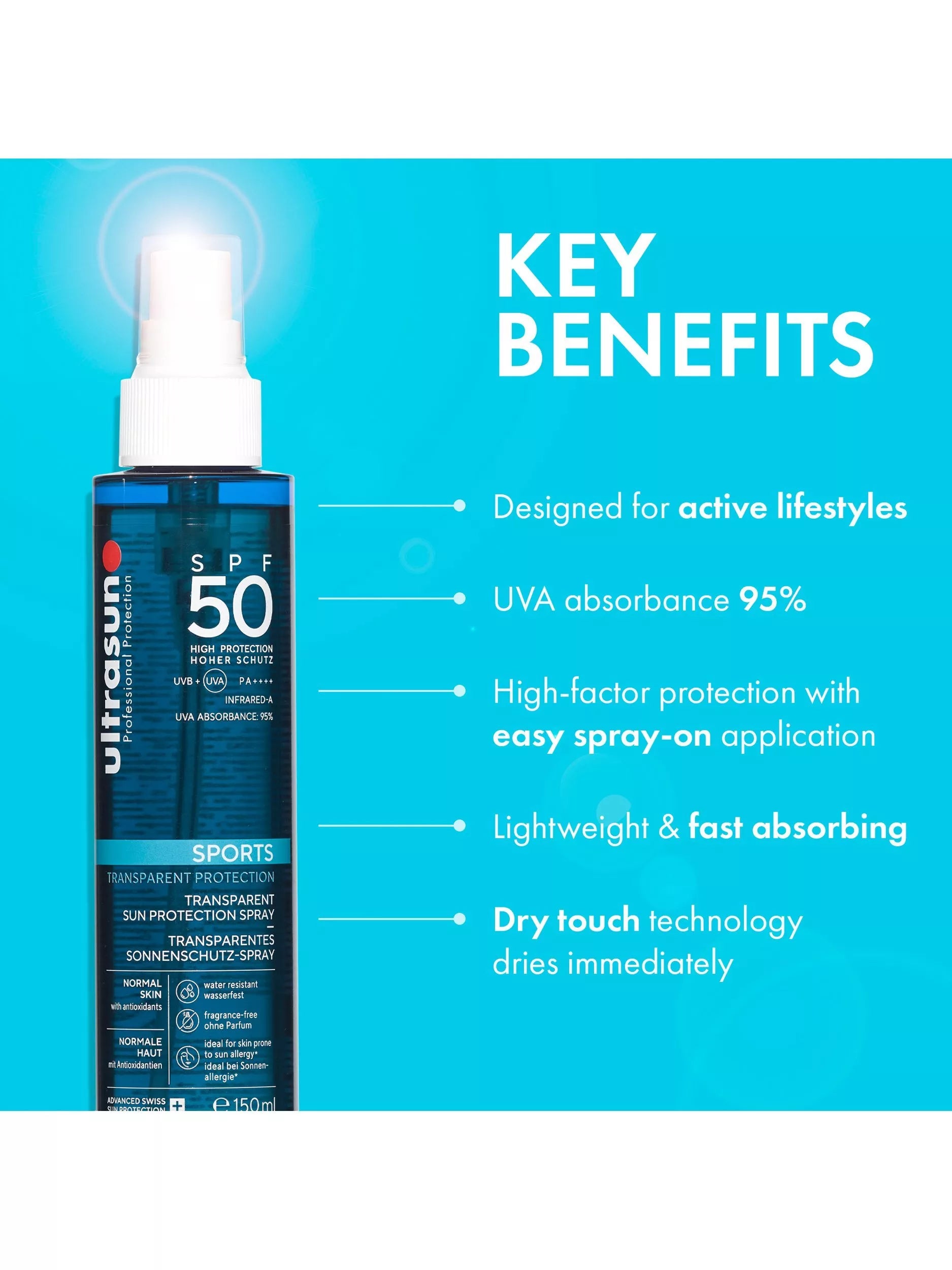 Ultrasun SPF 50 Sports Transparent sun protection spray 150ml (British brand)