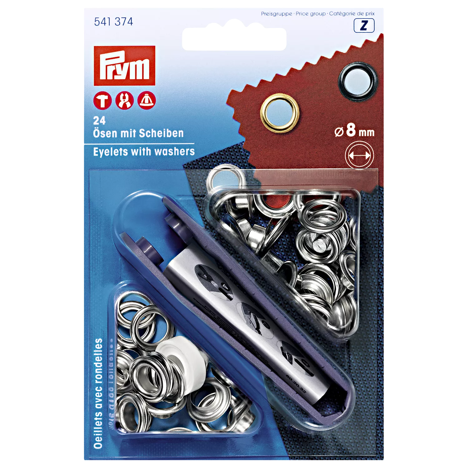 Prym brass eyelets 8mm silver with washers pack of 24, UK version