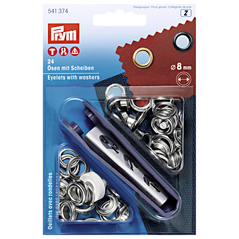 Prym brass eyelets 8mm silver with washers pack of 24, UK version