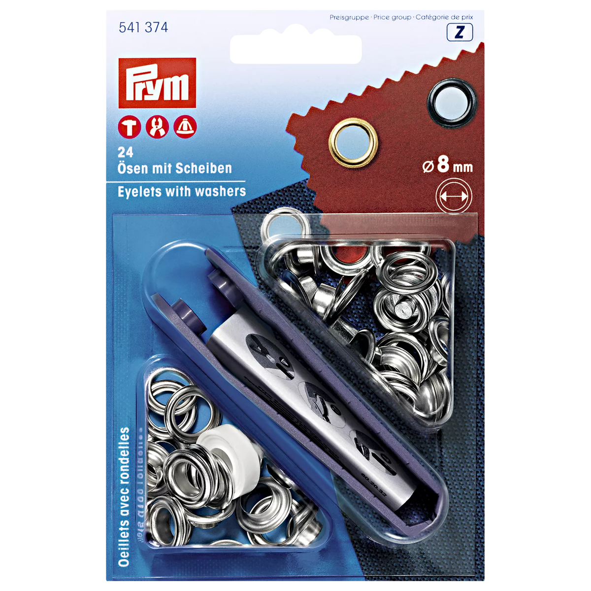 Prym brass eyelets 8mm silver with washers pack of 24, UK version