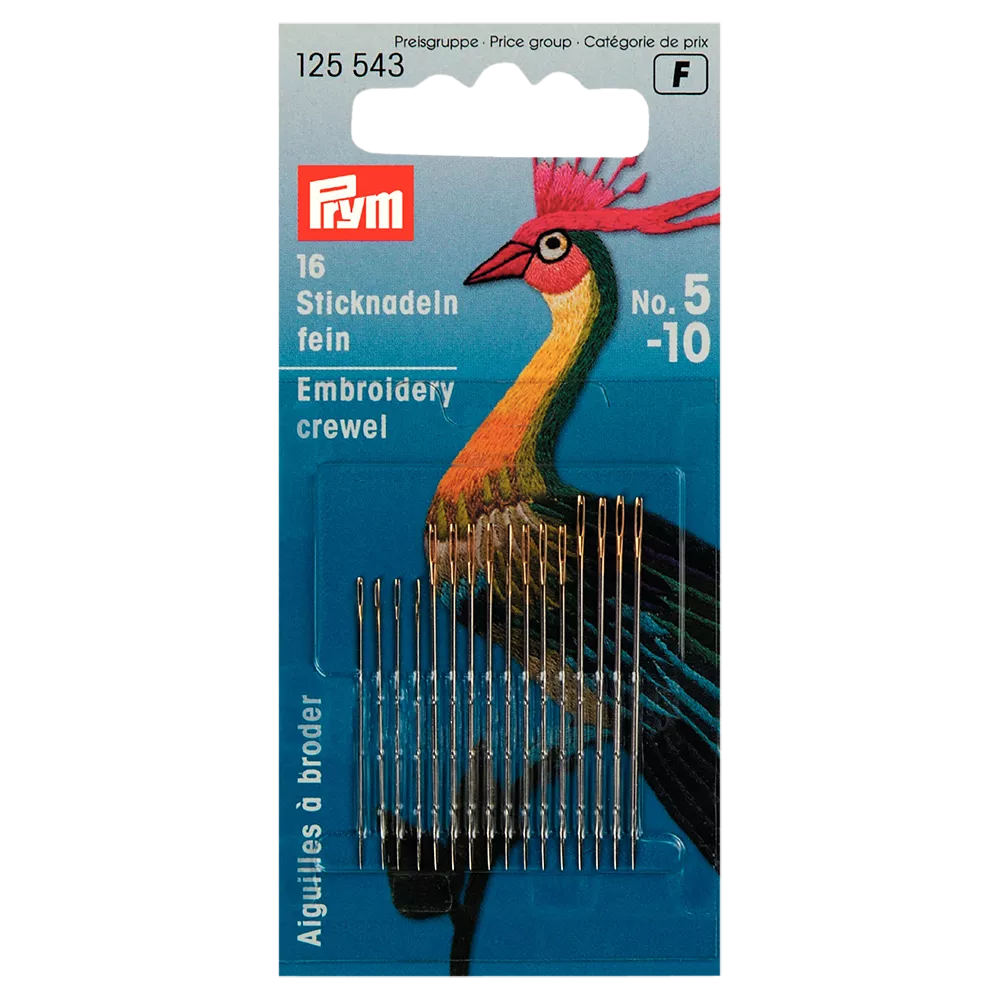 Prym embroidery needles pack of 16 sizes 5-10, imported from the UK