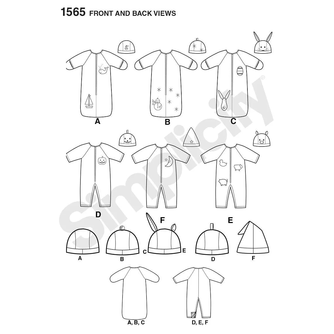Simplicity baby sewing pattern 1565 bunting romper hats, UK version