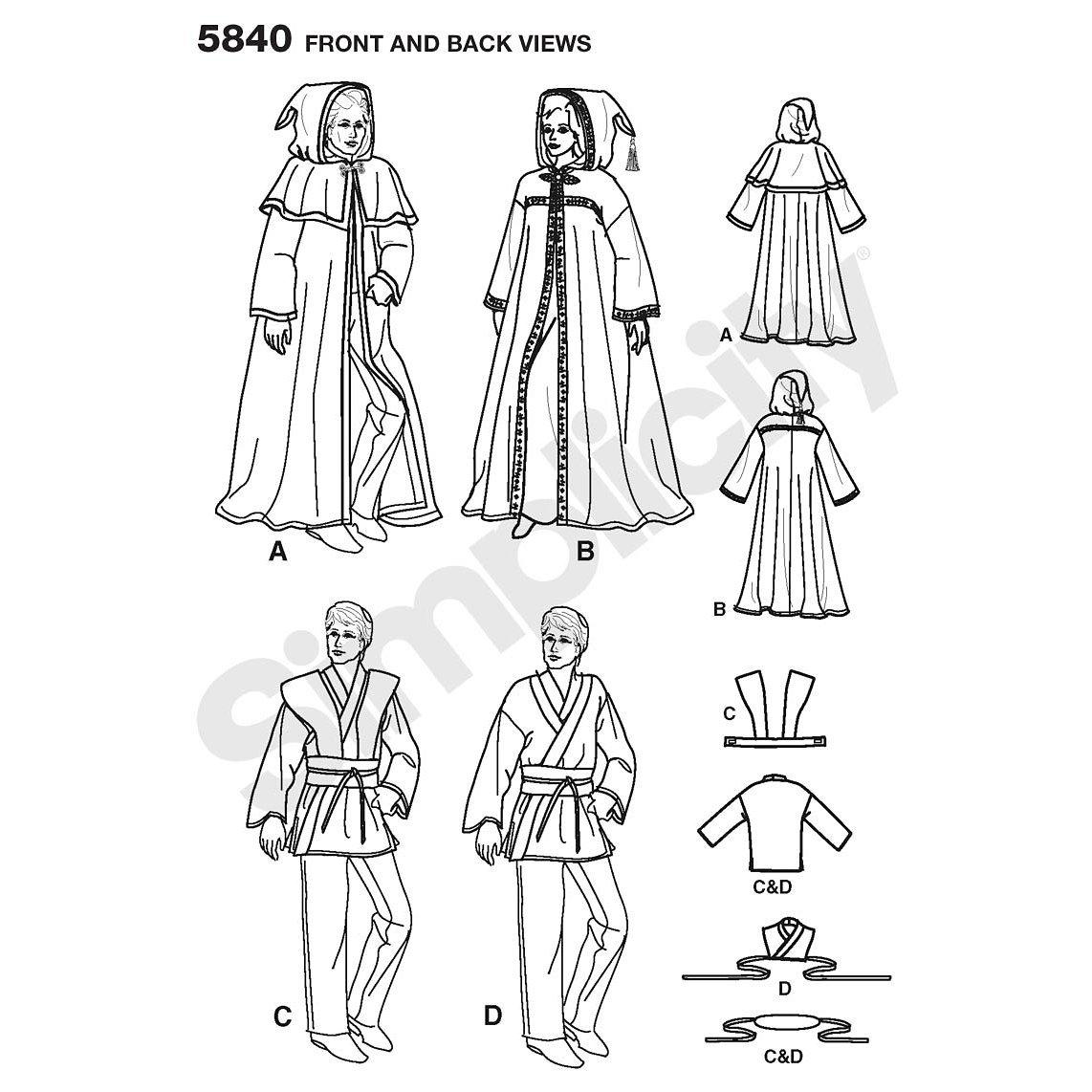 Simplicity costume pattern leaflet for hooded capes and fantasy costumes sizes XS-XL, UK version